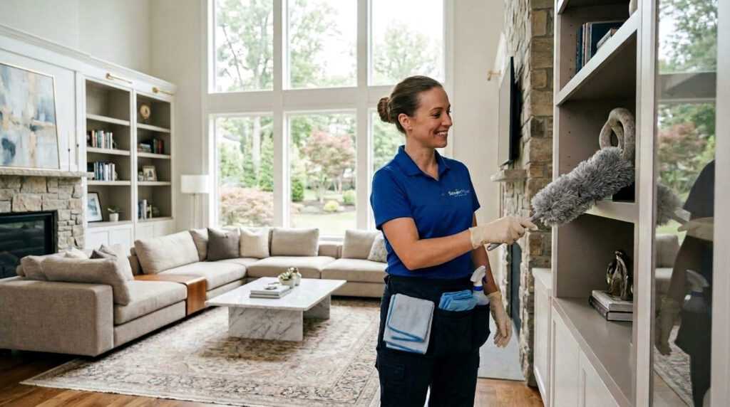 Professional cleaner from Seven Plus Cleaning providing meticulous service in a White Plains NY residence.