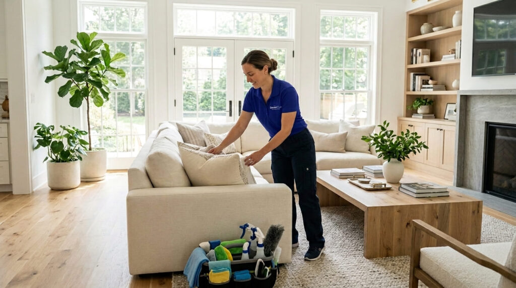 Professional house cleaner in White Plains NY performing meticulous living room cleaning for Seven Plus Cleaning.
